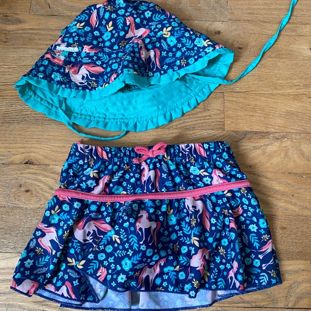 Unicorn bathing suit skirt and hat 3T